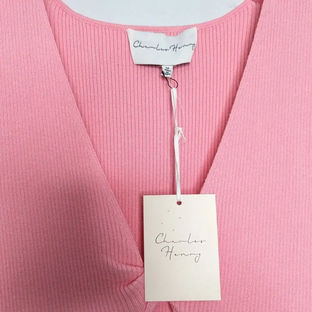 Charles Henry Pink Rib Twist Front Body-Con Minidress Sleeveless V-Neck NWT M - Picture 7 of 9